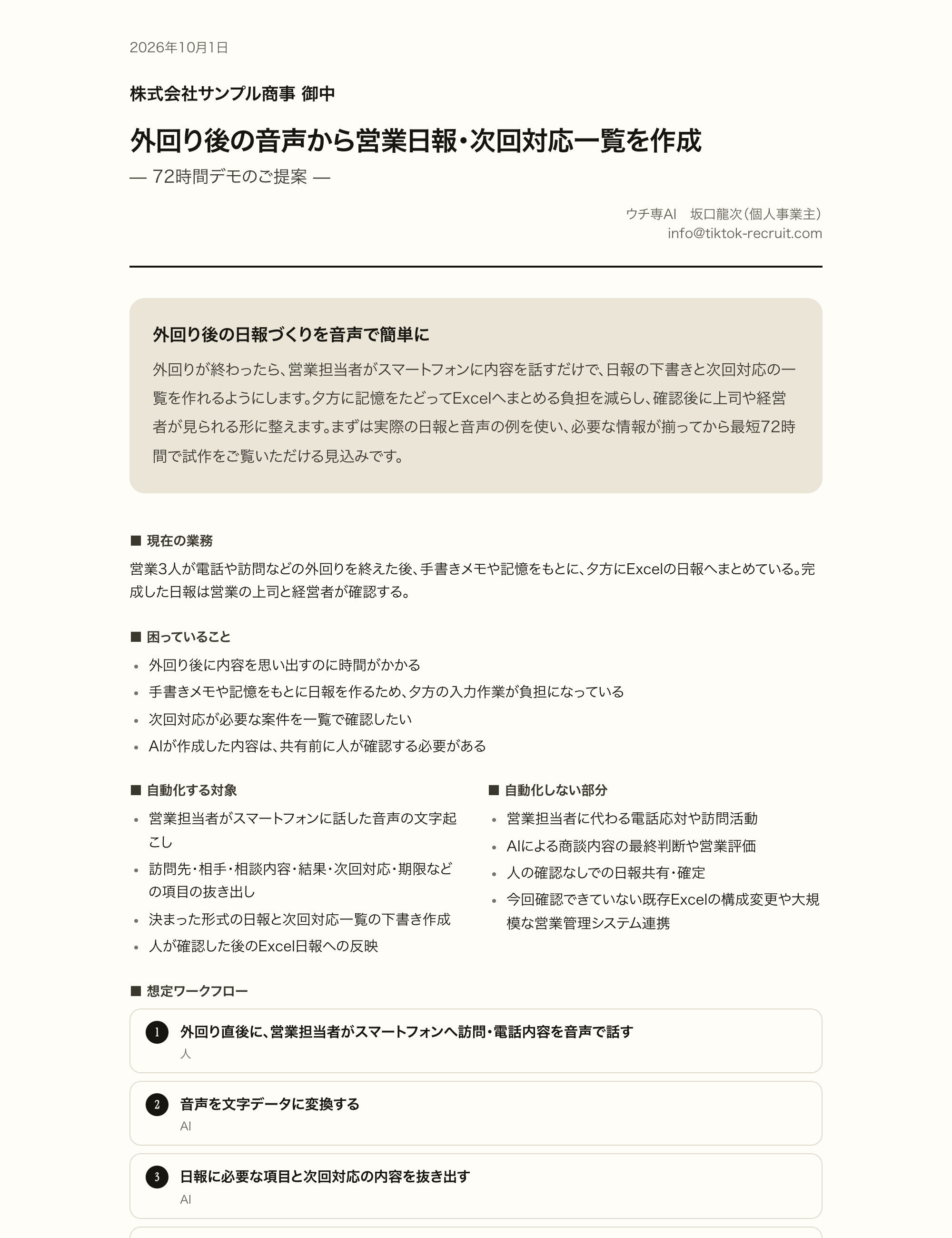 72時間デモの提案書。現在の業務、困っていること、自動化する対象と想定の流れがまとめられている